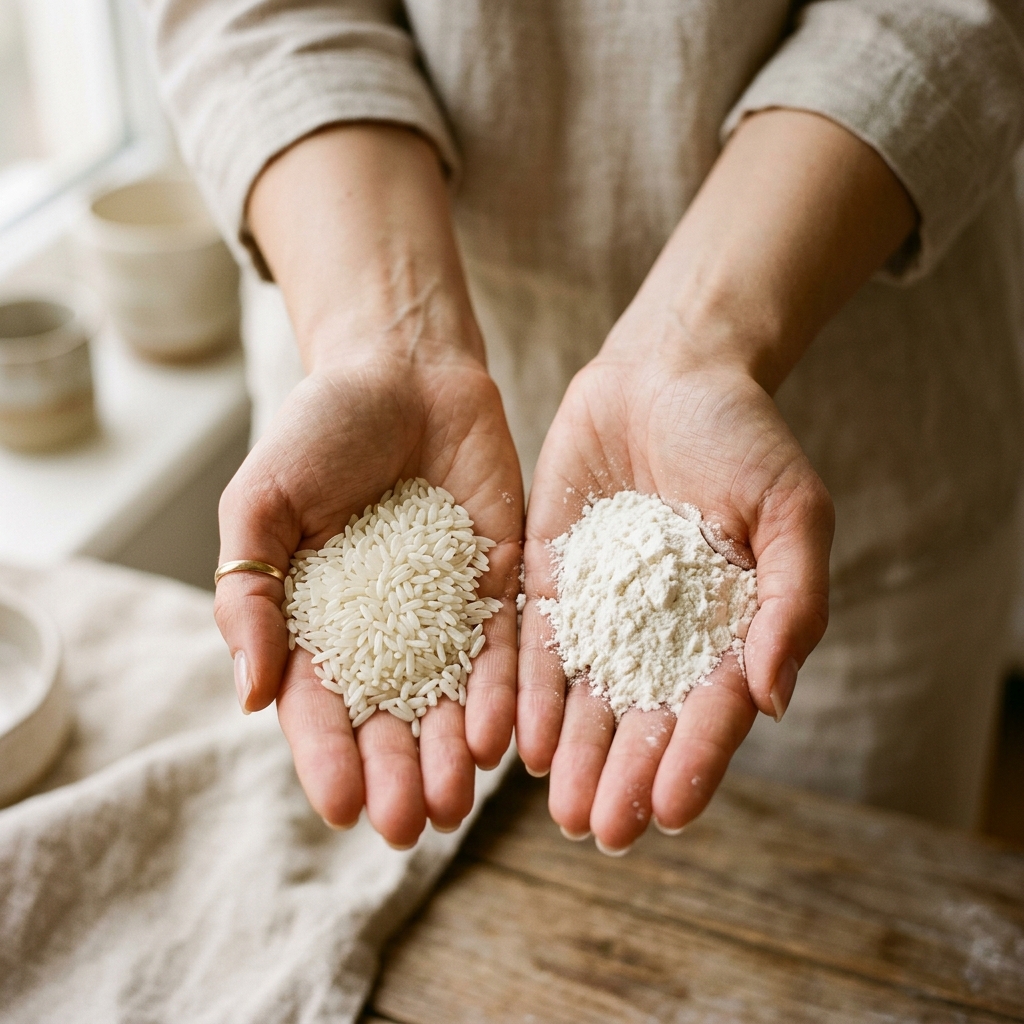 Open hands holding white rice grains and wheat flour
